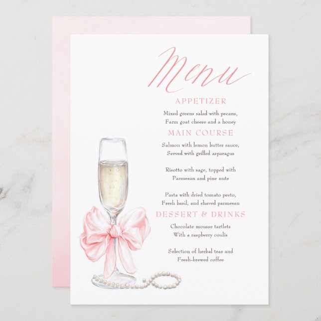 Pearls and Prosecco Whimsical Chic Menu Cards Menükarte (Vorne/Hinten)