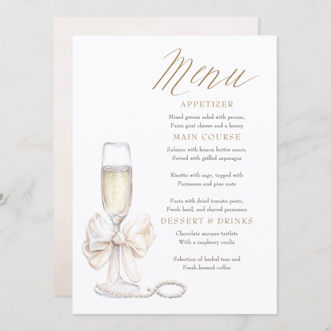 Pearls and Prosecco Whimsical Chic Menu Cards Menükarte (Vorne/Hinten)