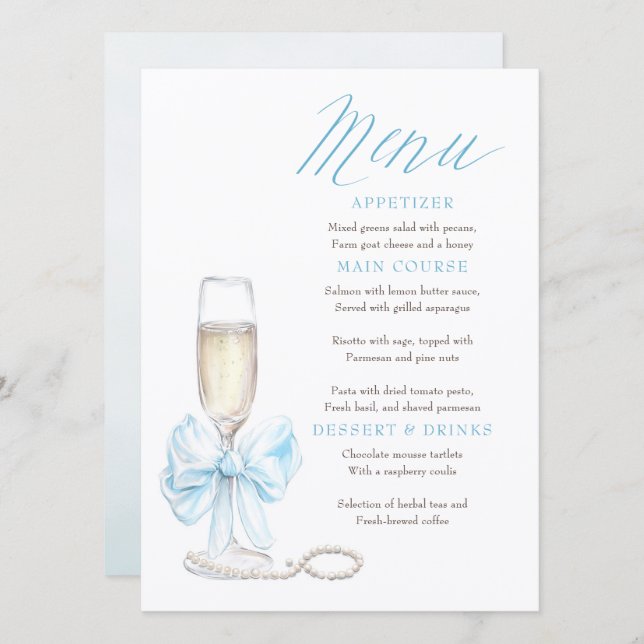 Pearls and Prosecco Whimsical Chic Menu Cards Menükarte (Vorne/Hinten)