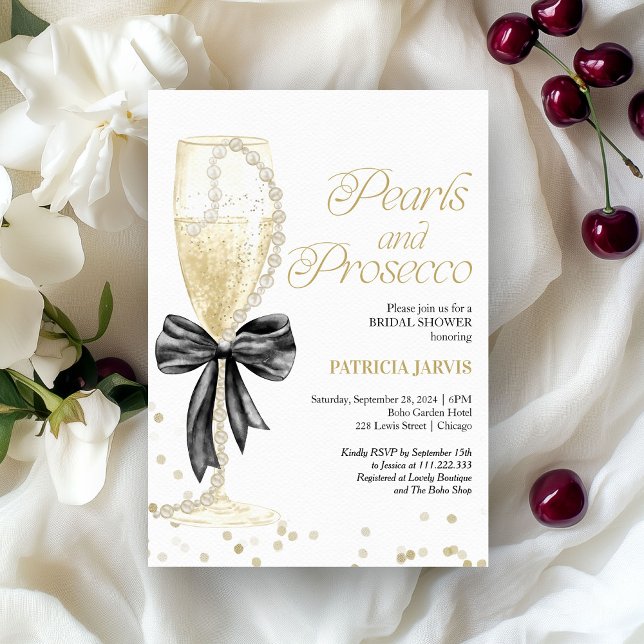 Pearls Black Bow und Prosecco Brautparty Einladung (Von Creator hochgeladen)