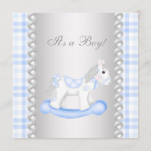 Pearls Blue Gingham Rocking Horse Baby Boy Shooter Einladung