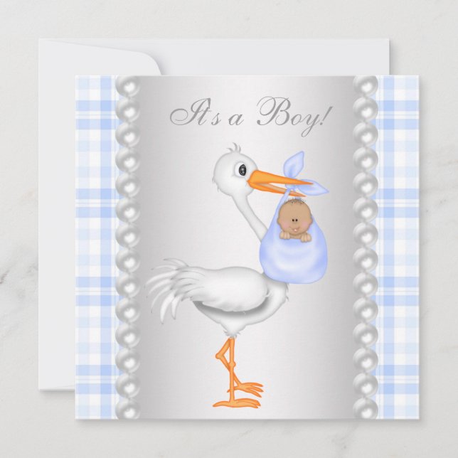 Pearls Blue Gingham Stork Baby Boy Shower Einladung (Vorderseite)