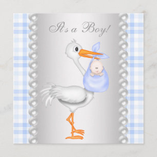 Pearls Blue Gingham Stork Baby Dusche Einladung