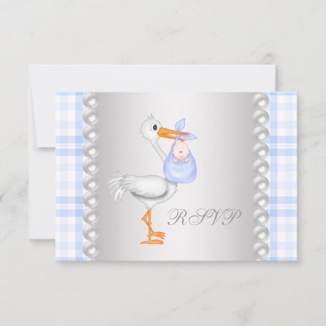 Pearls Blue Gingham Stork Baby Shower UAWG RSVP Karte (Vorderseite)