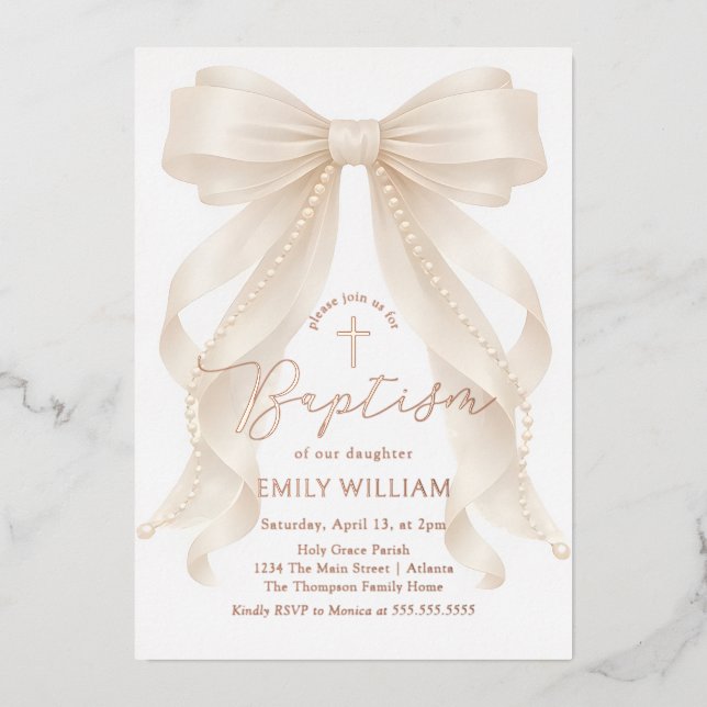 Pearls Bow Girl Baptism Christening Folieneinladung (Vorderseite)
