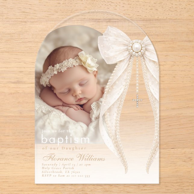 Pearls Bow Ivory elegant Arch Photo Baptism Acryleinladungen (Vorderseite)