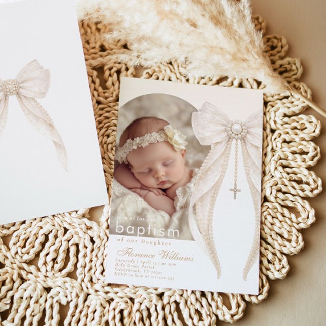Pearls Bow Ivory elegant Arch Photo Baptism Einladung (Von Creator hochgeladen)