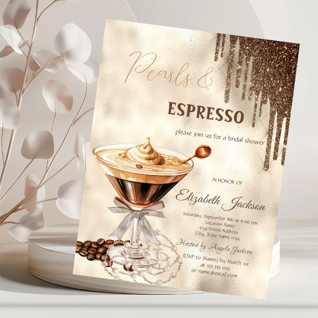 Pearls Espresso Bow Glitzer Tropfen Einladung (Von Creator hochgeladen)