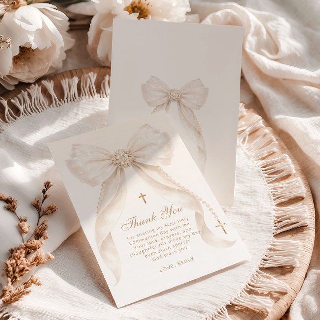 Pearls Gold Bow Girl Baptism Religious Dankeskarte (Von Creator hochgeladen)