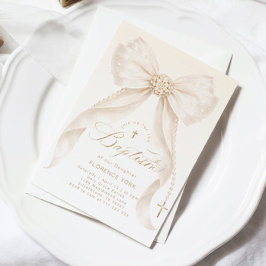 Pearls Gold Bow Girl Baptism Religious Einladung