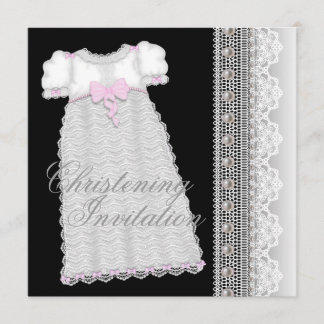 Pearls Gown Baby Girl Pink Black Christening Einladung