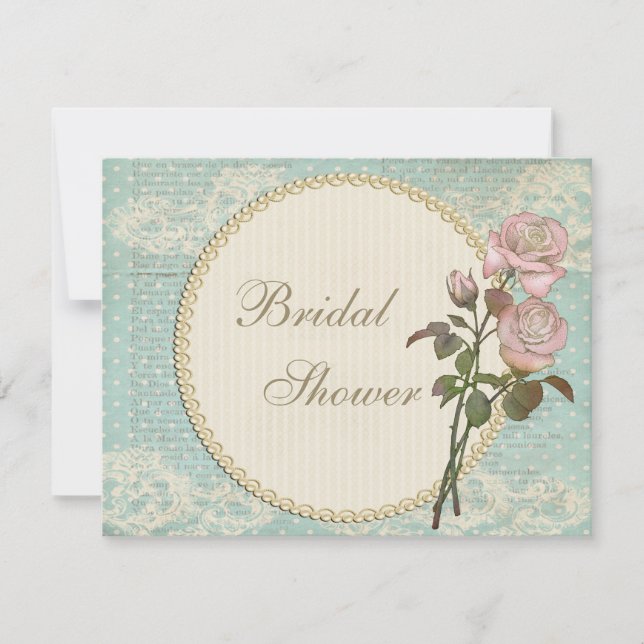 Pearls & Lace Shabby Chic Rose Brautparty Einladung (Vorderseite)