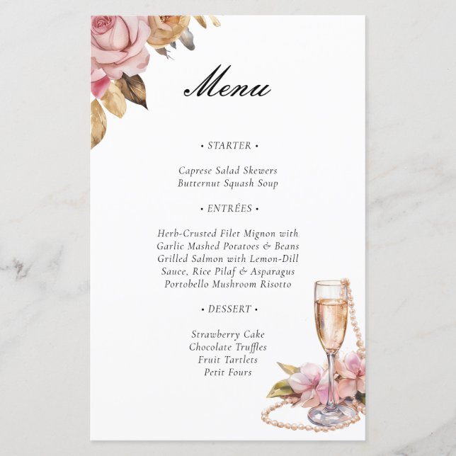 Pearls Petals & Prosecco Brautparty Menu (Vorderseite)