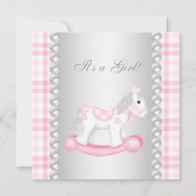 Pearls Pink Gingham Rocking Horse Baby Girl Dusche Einladung (Vorderseite)