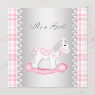 Pearls Pink Gingham Rocking Horse Baby Girl Dusche Einladung