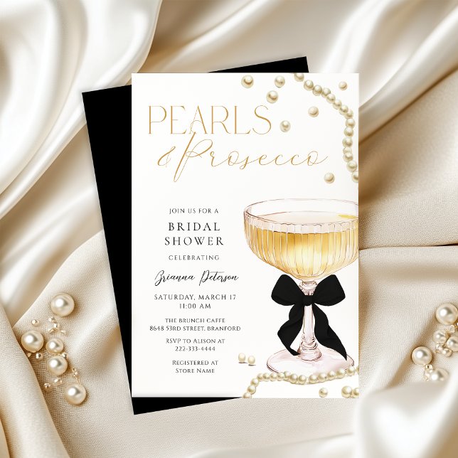 Pearls & Prosecco Black Bow Brautparty Einladung (Von Creator hochgeladen)