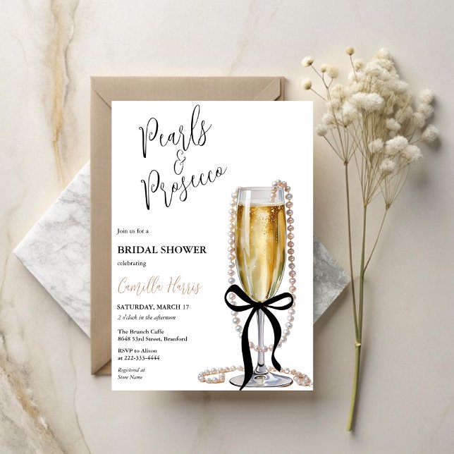 Pearls & Prosecco Black Bow Brautparty Einladung (Von Creator hochgeladen)