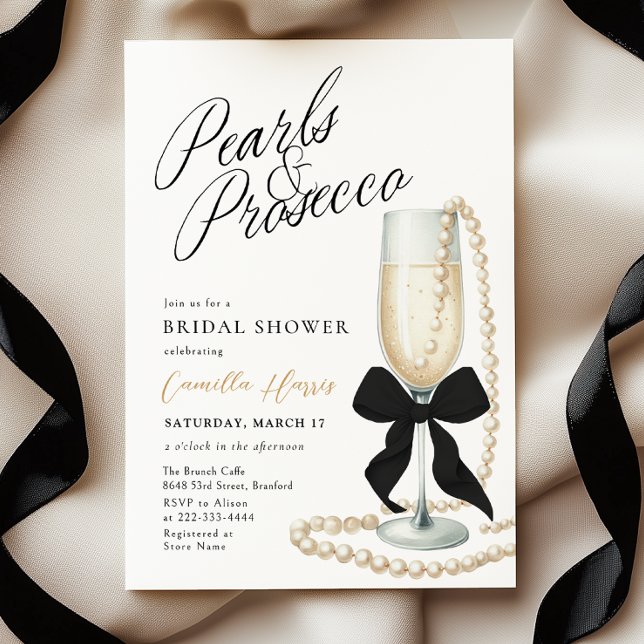 Pearls & Prosecco Black Bow Brautparty Einladung (Von Creator hochgeladen)