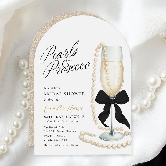 Pearls & Prosecco Black Bow Brautparty Einladung (Von Creator hochgeladen)