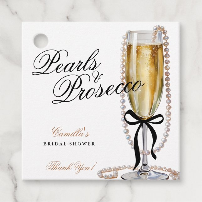 Pearls & Prosecco Black Bow Brautparty Geschenkanhänger (Vorderseite)