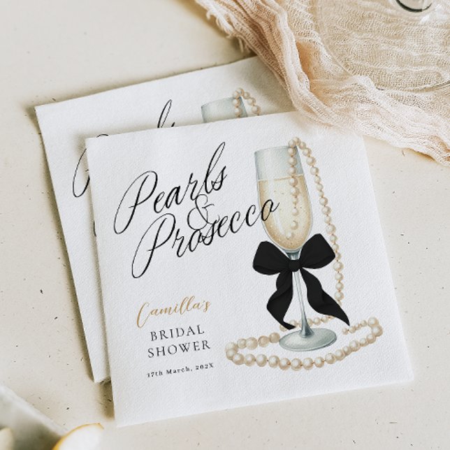 Pearls & Prosecco Black Bow Brautparty Serviette (Von Creator hochgeladen)