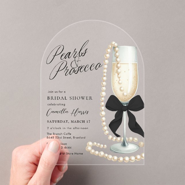 Pearls & Prosecco Black Bow Bridal Shower Acryleinladungen (Insitu (Handheld))