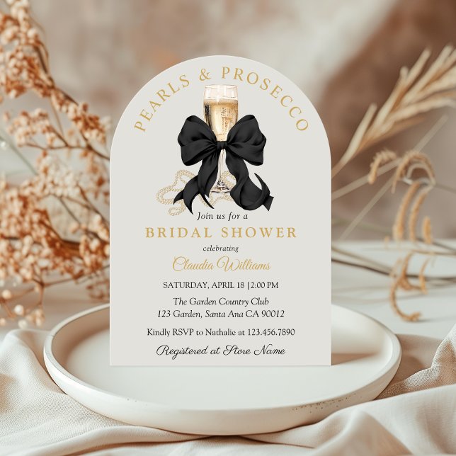 Pearls Prosecco Black Bow Bridal Shower Invitation Einladung (Elegant Black Bow and Pearls Bridal Shower Invitation)