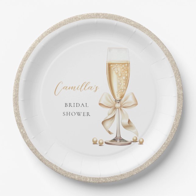 Pearls & Prosecco Bow Brautparty Pappteller (Vorderseite)