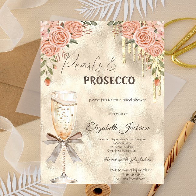 Pearls Prosecco Bow Glitzer Tropfens Boho Rose Einladung (Von Creator hochgeladen)
