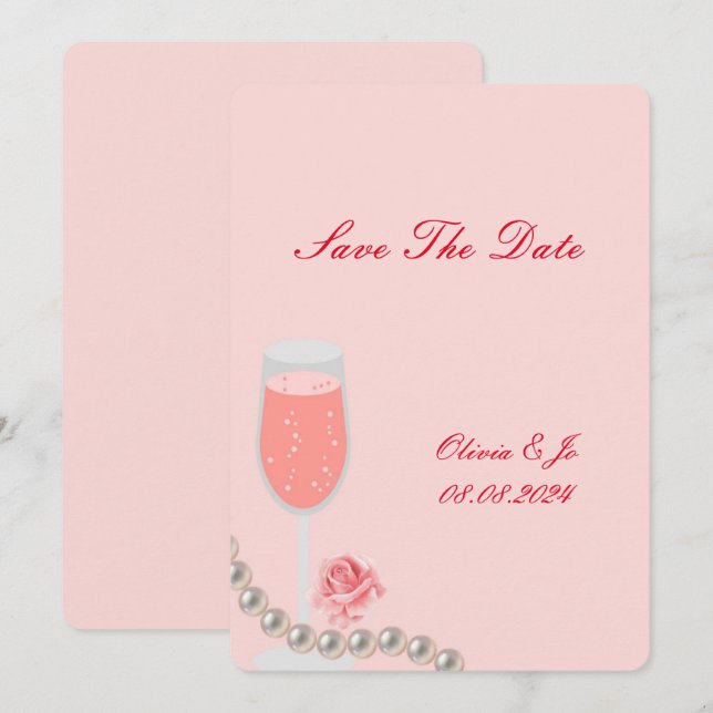 PEARLS & PROSECCO BRAUTPARTY PINK SAVE THE DATE (Vorne/Hinten)