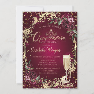 Pearls Prosecco Diamond Burgundy Rose Quinceañera Einladung