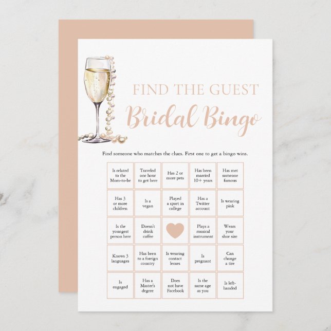 Pearls & Prosecco Finden Sie das Bridal Bingo Game Einladung (Vorne/Hinten)