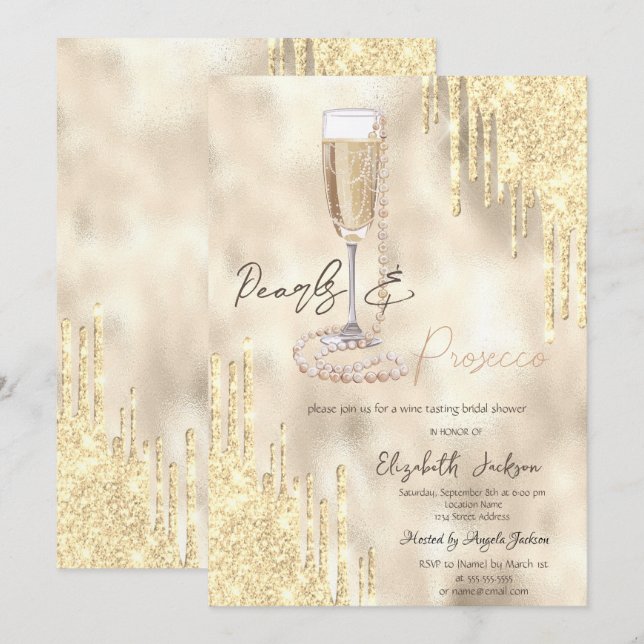 Pearls Prosecco Gold Glitzer Tropfen Brautparty Einladung (Vorne/Hinten)