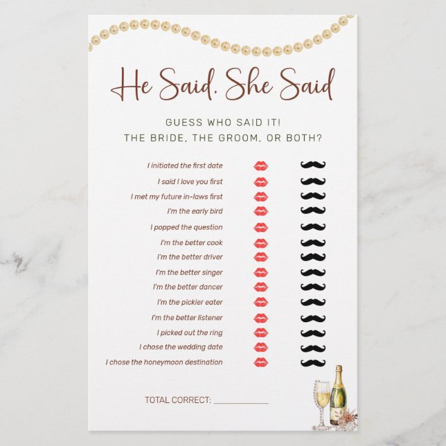 Pearls & Prosecco He, sie sagte Brautparty Game (Vorderseite)