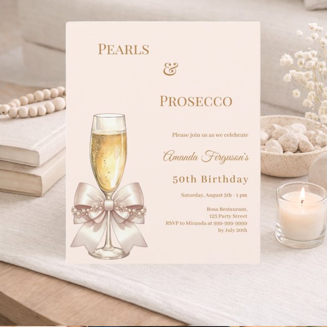 Pearls Prosecco ivory bow birthday invitation (Von Creator hochgeladen)