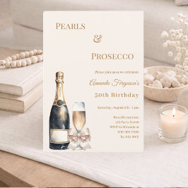 Pearls Prosecco ivory bow elegant birthday Einladung