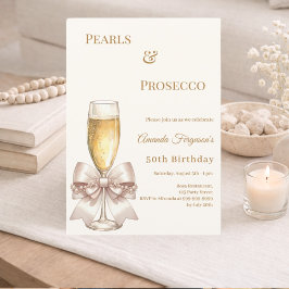 Pearls Prosecco ivory golden bow elegant birthday Einladung