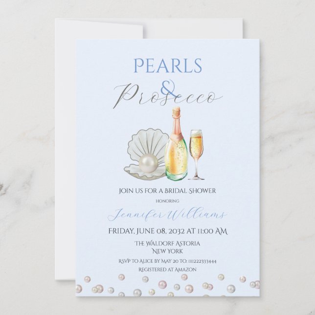 Pearls Prosecco Pearlcore Blaues Brautparty Einladung (Vorderseite)