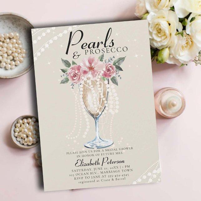 Pearls Prosecco Petals Ivory Brunch Brautparty Einladung (pearls and prosecco bridal shower invitation brunch bubbly champagne garden outdoors modern ivory)