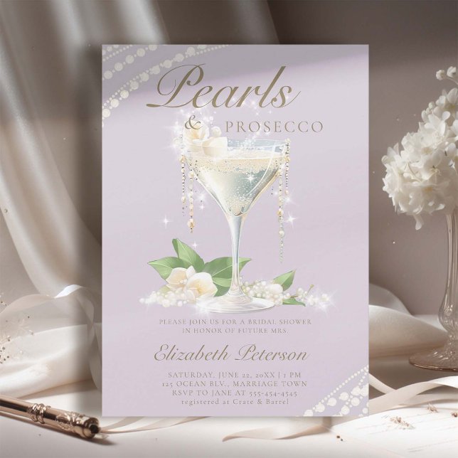 Pearls Prosecco Petals Lilac Elegantes Brautparty Einladung (pearls prosecco petals bridal shower invitation brunch template card champagne watercolor lilac)
