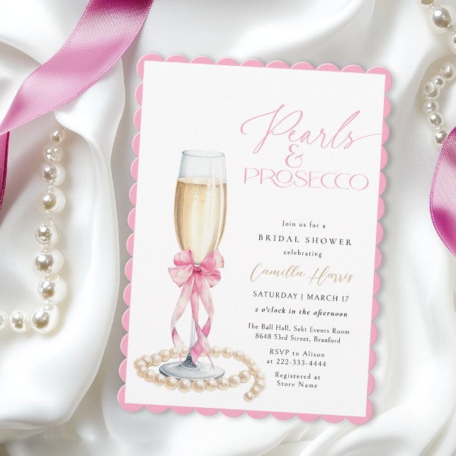 Pearls & Prosecco Pink Bow Brautparty Einladung (Von Creator hochgeladen)
