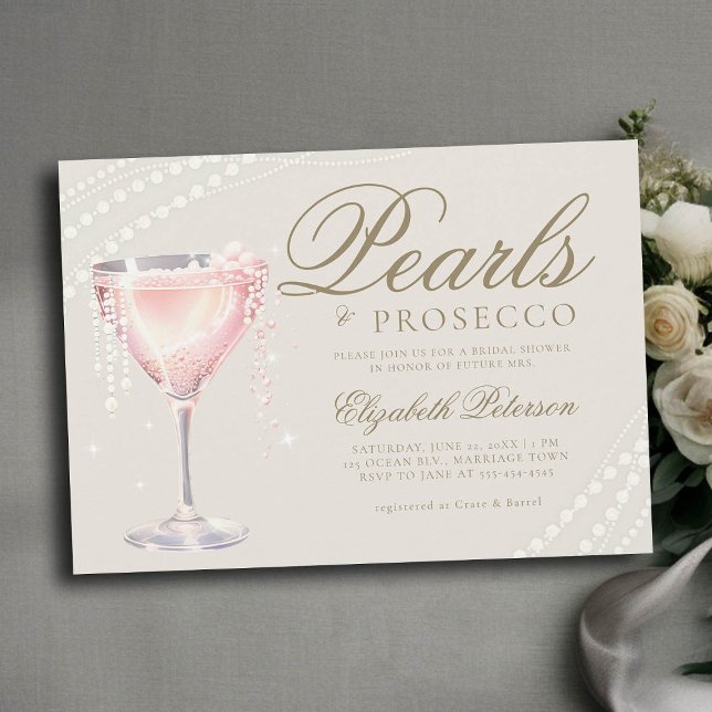 Pearls Prosecco Pink Bubbly Ecru Brautparty Einladung (pearls and prosecco bridal shower invitation pink bubbly ecru gold calligraphy elegant modern classy)