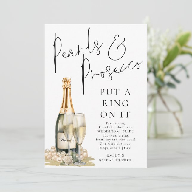 Pearls Prosecco Ring on it Brautparty Game Card Einladung (Stehend Vorderseite)