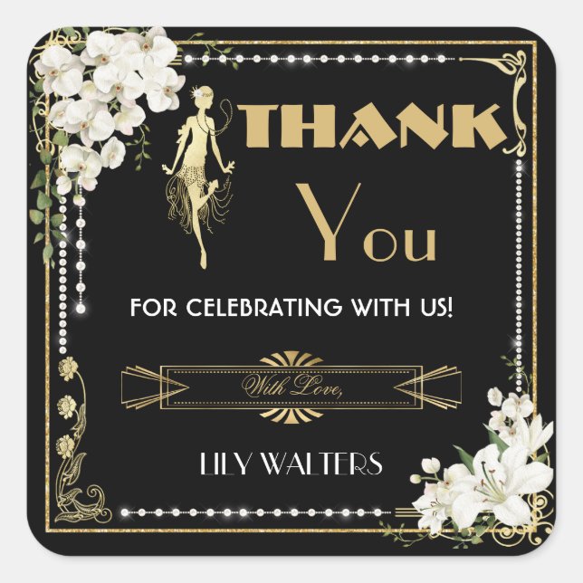 Pearls White Floral Art Deco Gatsby 20 s Geburtsta Quadratischer Aufkleber (Vorderseite)