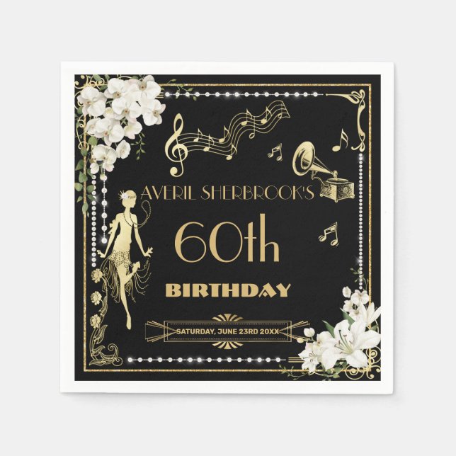 Pearls White Floral Art Deco Gatsby 20 s Geburtsta Serviette (Vorderseite)