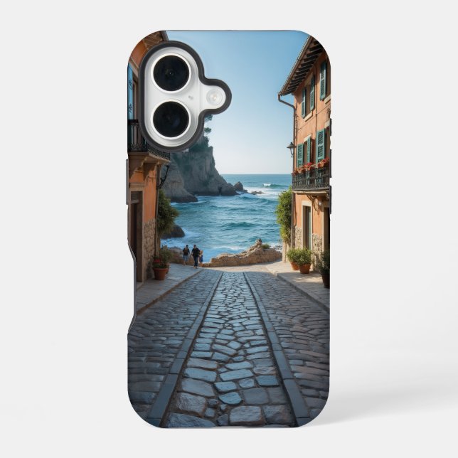 Pebble Ocean Town iPhone 16 Hülle (Rückseite)