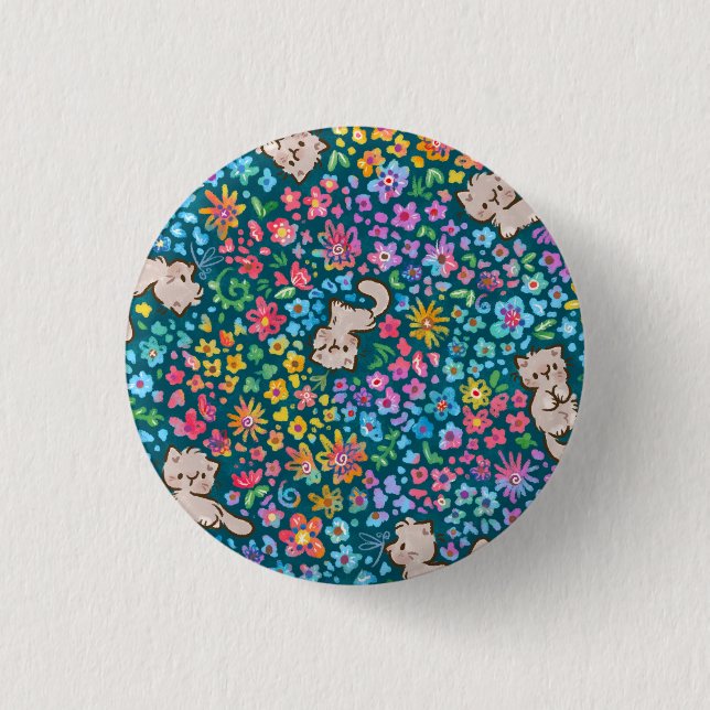 Pebbles skurriler Garten Graue Katze & Helle Blume Button (Vorderseite)