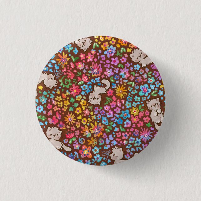 Pebbles skurriler Garten Graue Katze & Helle Blume Button (Vorderseite)