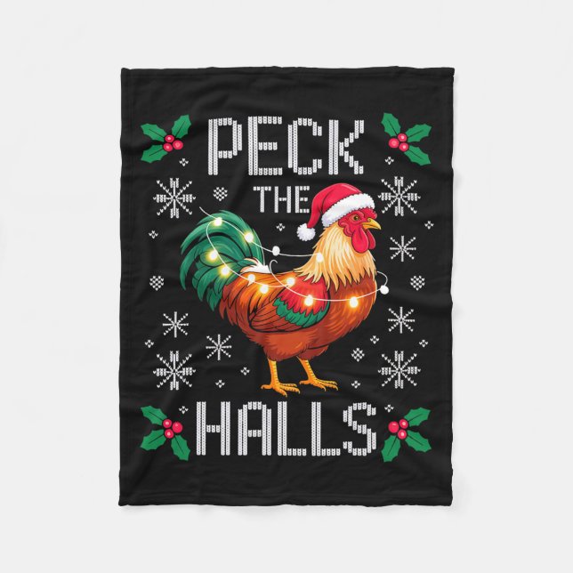 Peck The Halls Chicken Christmas Lights Snowflakes Fleecedecke (Vorderseite)