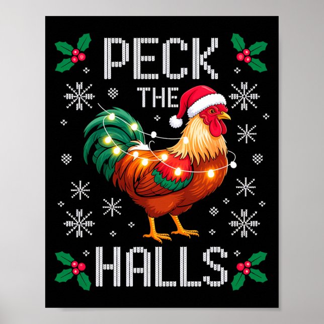 Peck The Halls Chicken Christmas Lights Snowflakes Poster (Vorne)